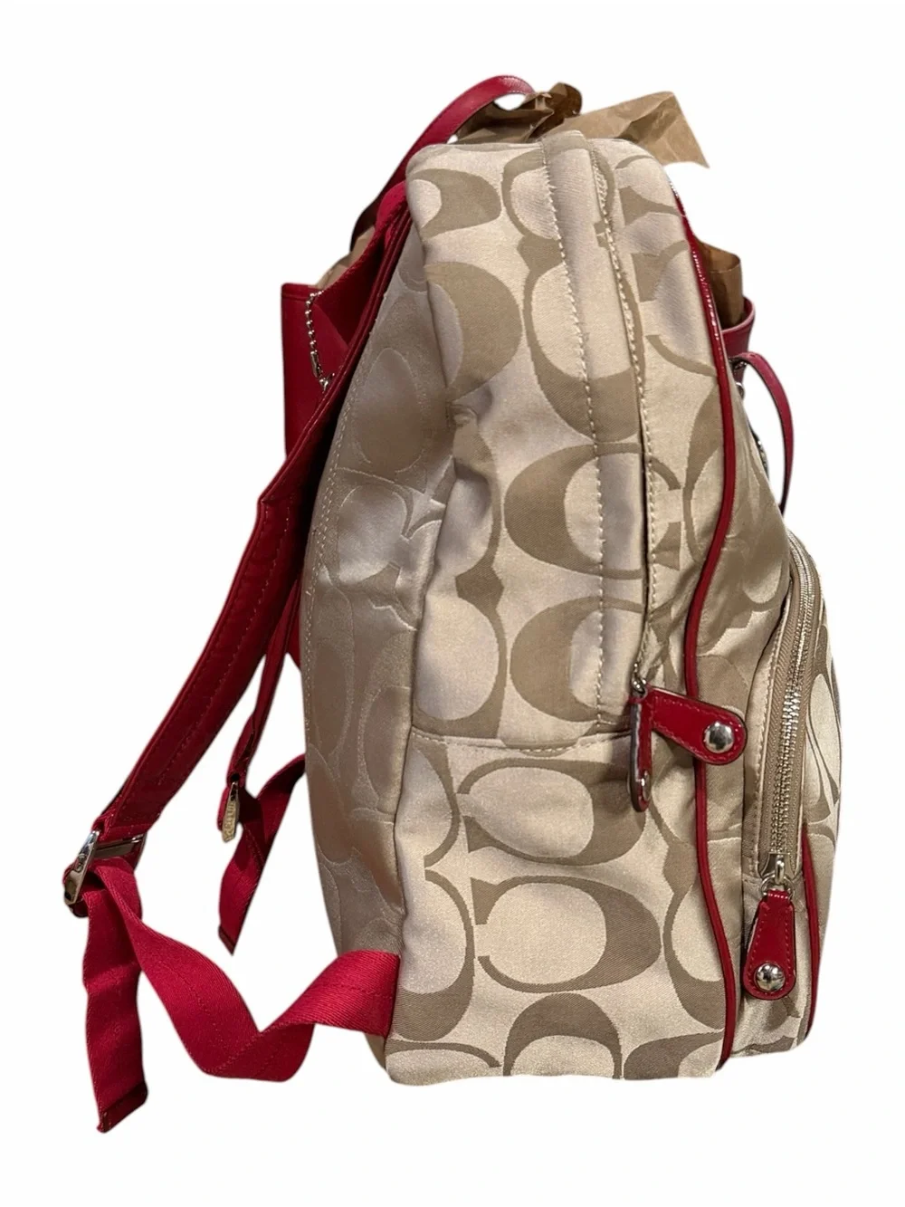 Coach F20046 Poppy Signature Canvas Backpack Red Patent